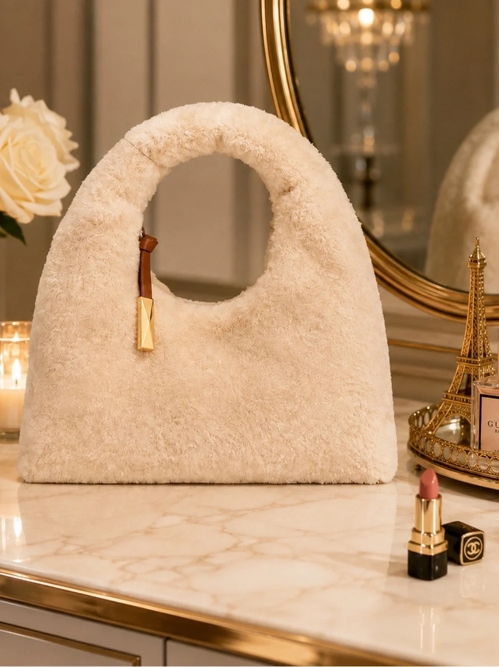 I.N.C. International Concepts Nyrah Faux Fur Hobo Bag Cream Cozy Winter NWT